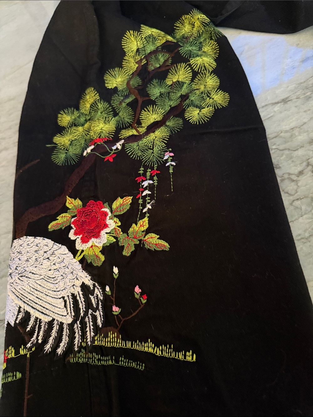 Johnny Was Black Embroidered Crane Cargo Pants with Pink & Green Floral Accents - Picture 4 of 11